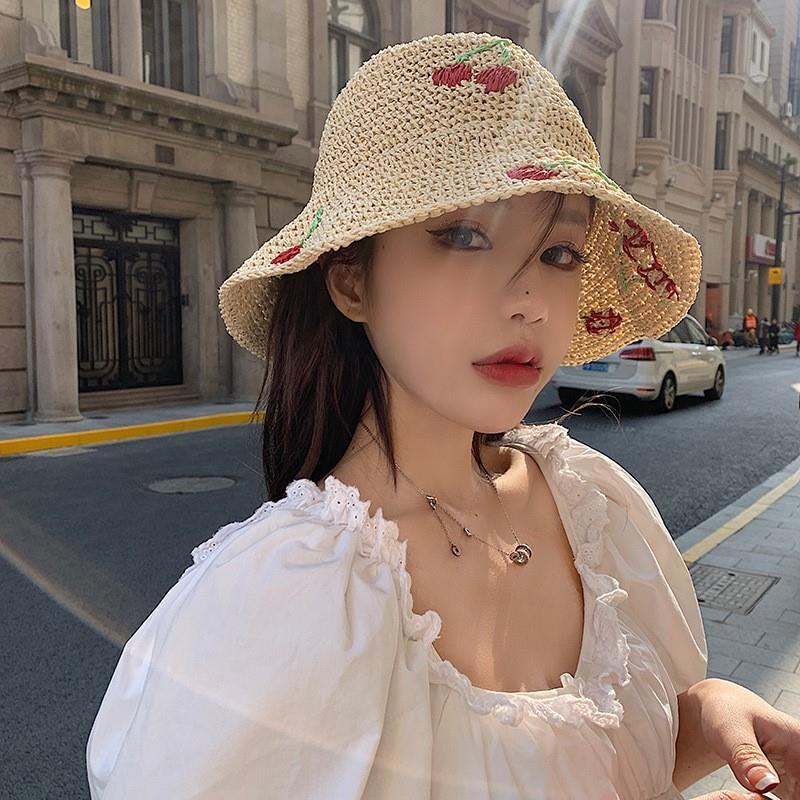 Women's Cherry  Straw Hat Bucket Cover The Face Is Prevented