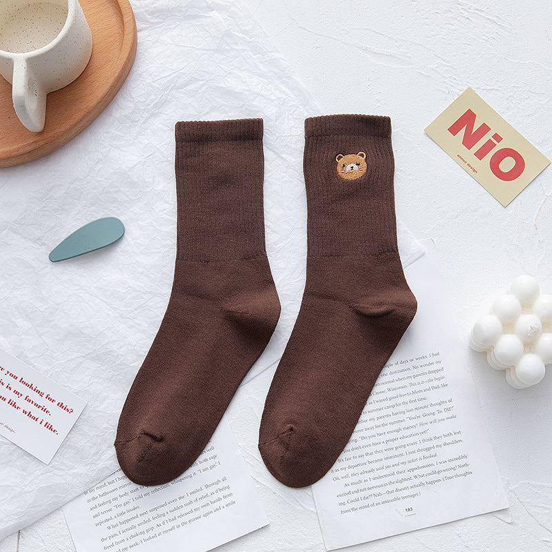 Female Japanese College Style Cute Cartoon Bear Embroidered Socks