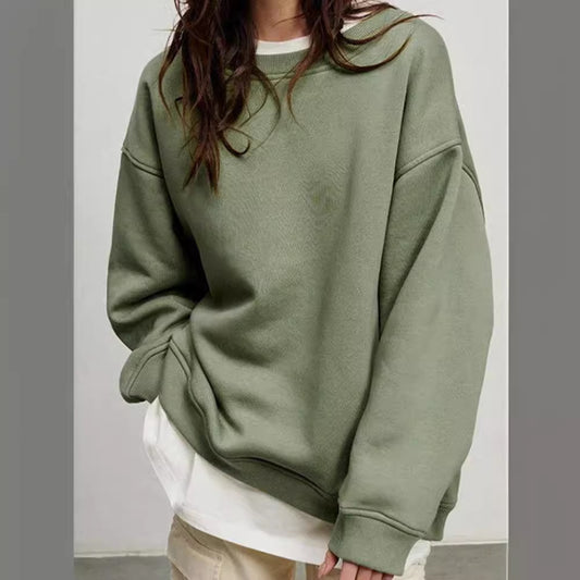 Solid-color Crew-neck Loose-fitting Pullover Hoodie