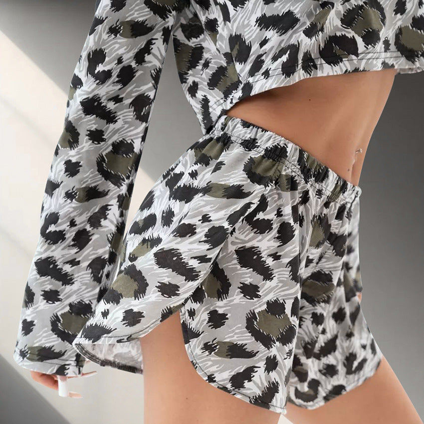 Leopard-print Short-length Long-sleeve Shorts Pajama Set For Women