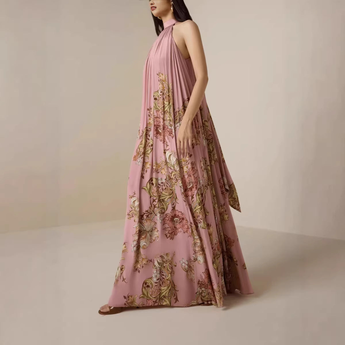Womens Elegant High-Neck Lace-Up Printed Dress With A Refined Look