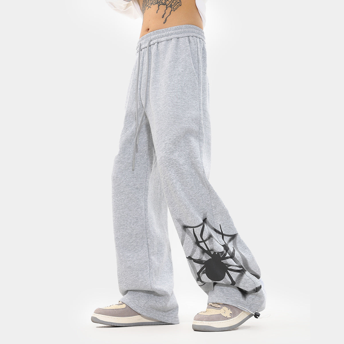 Retro Spider Print Casual Straight Ankle Tied Sports Pants