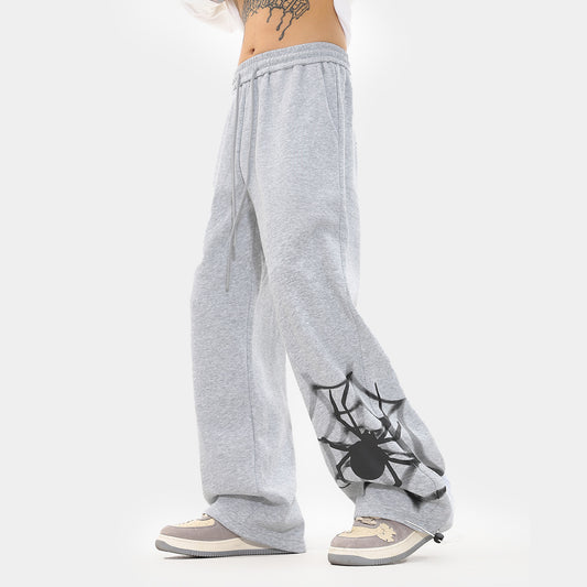 Retro Spider Print Casual Straight Ankle Tied Sports Pants