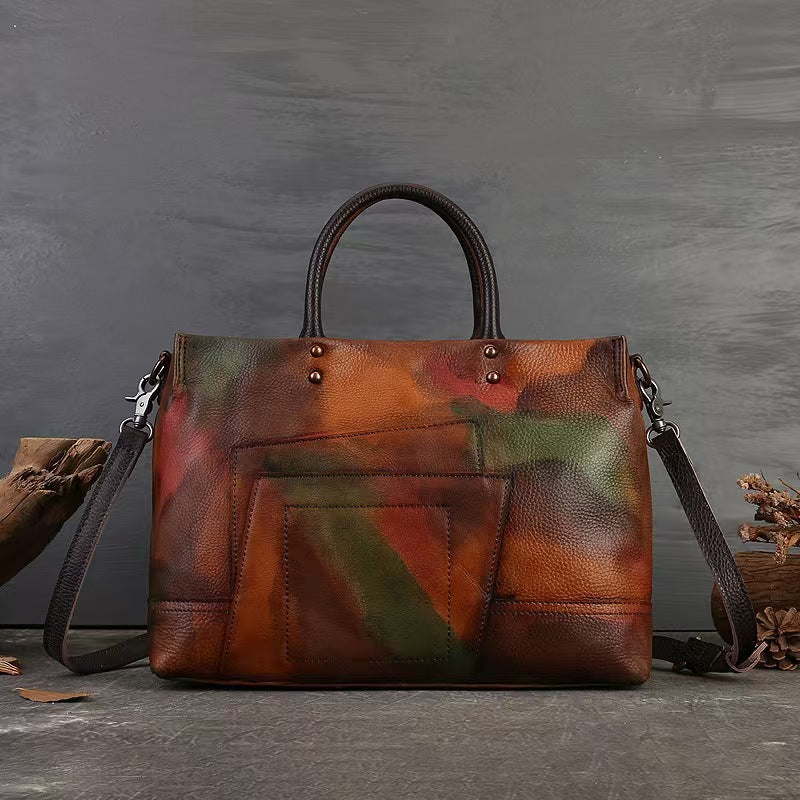 Skuldertaske med stor kapacitet i national stil, trendy patchwork og litterært look til kvinder