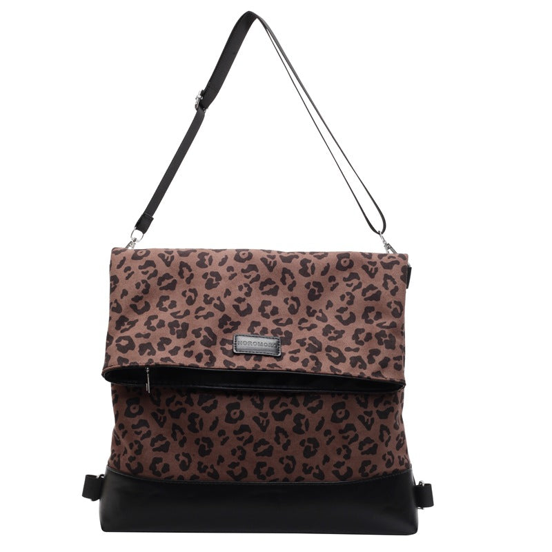 Multifunktionel afslappet moderigtig leopardprint rygsæk i læder og velour til kvinder