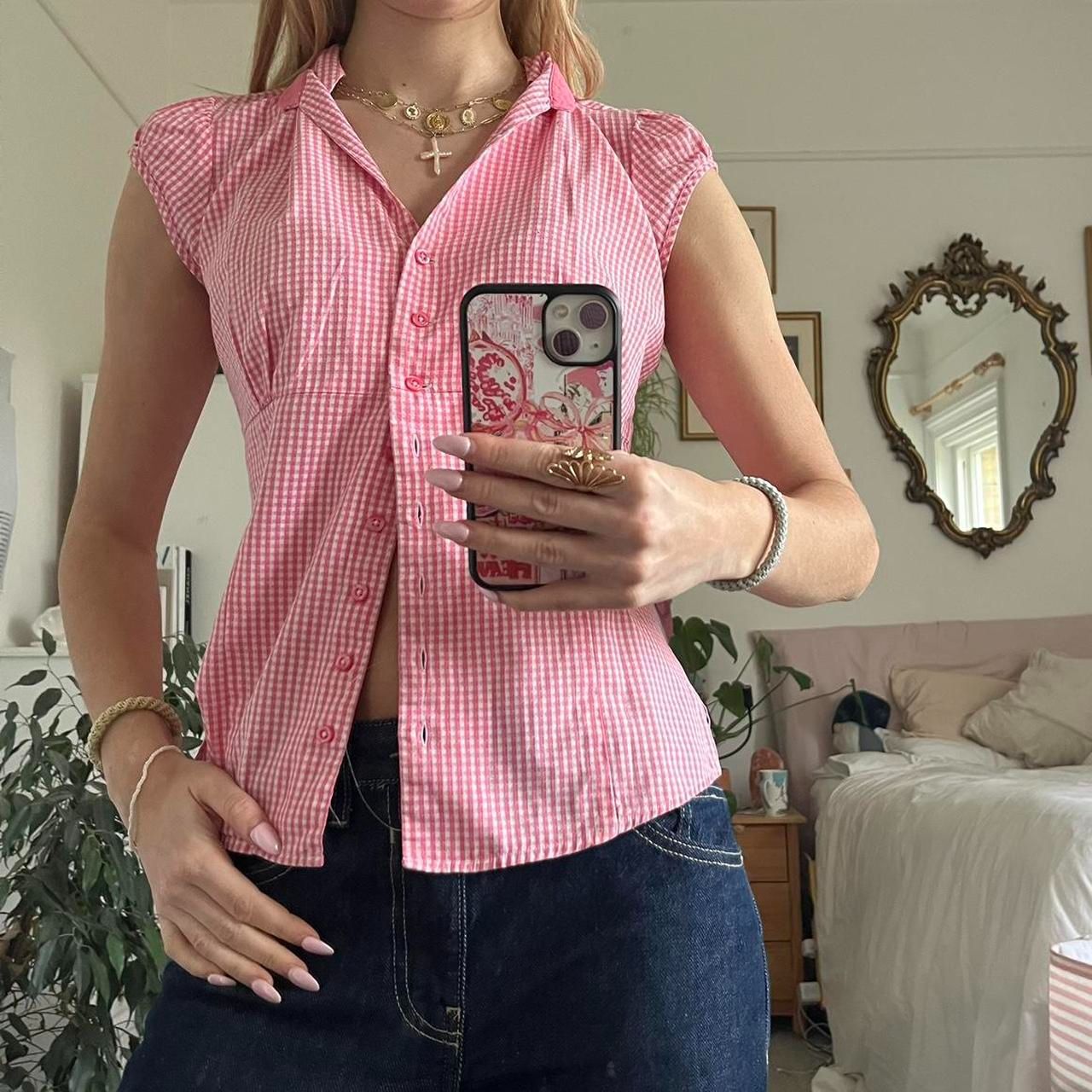 Red And White Short Sleeve Plaid Shirt Women