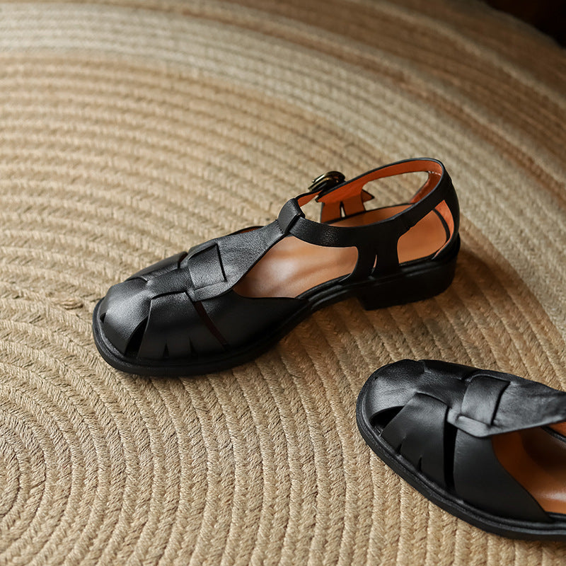Women's Cowhide Retro Toe Roman Sandals