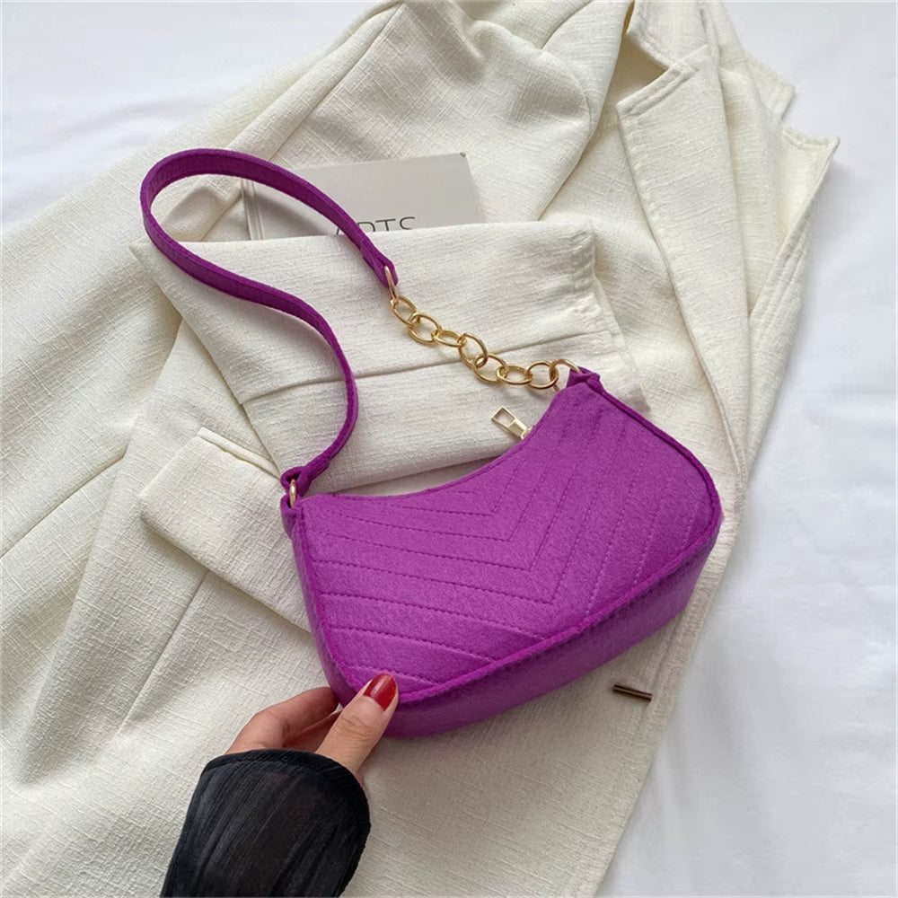 Women’s Retro Felt Underarm Bag - Solid Color Shoulder Bag, Casual Dumpling Crossbody Purse