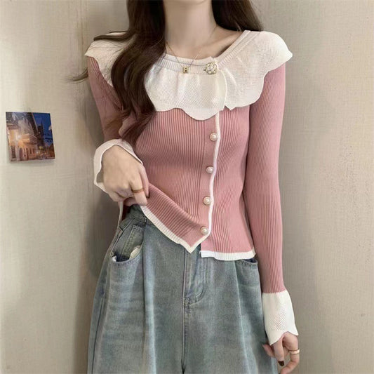 Women's French Style Temperament Contrast Color Lace Collar Sweater