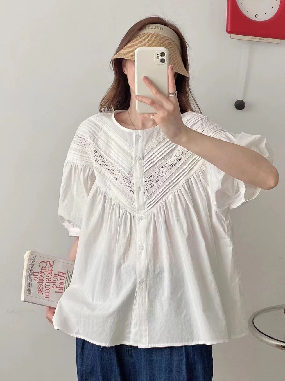 Solid Color Lace Round Neck Younger Short Sleeve Shirt Top