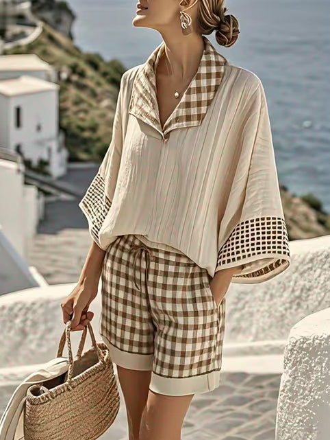 Women's Casual Loose Plaid Shorts Set