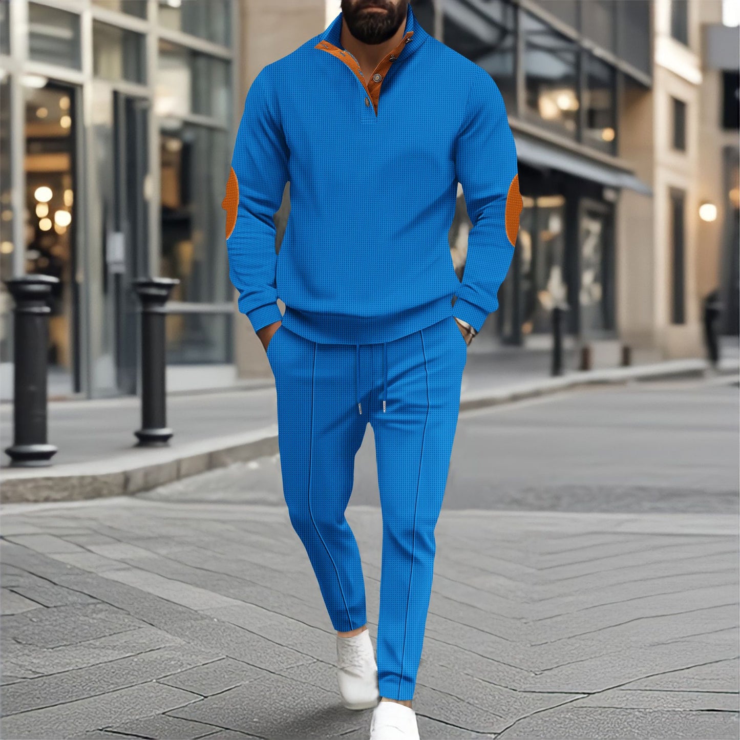 Men's Half-Zip Waffle Casual Stand Collar Long Sleeve Sweatshirt Set