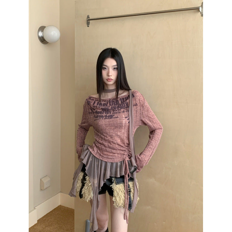 Patchwork Ruffled English Graffiti Swing Collar Hollow Print Knitted Shirt Top For Women