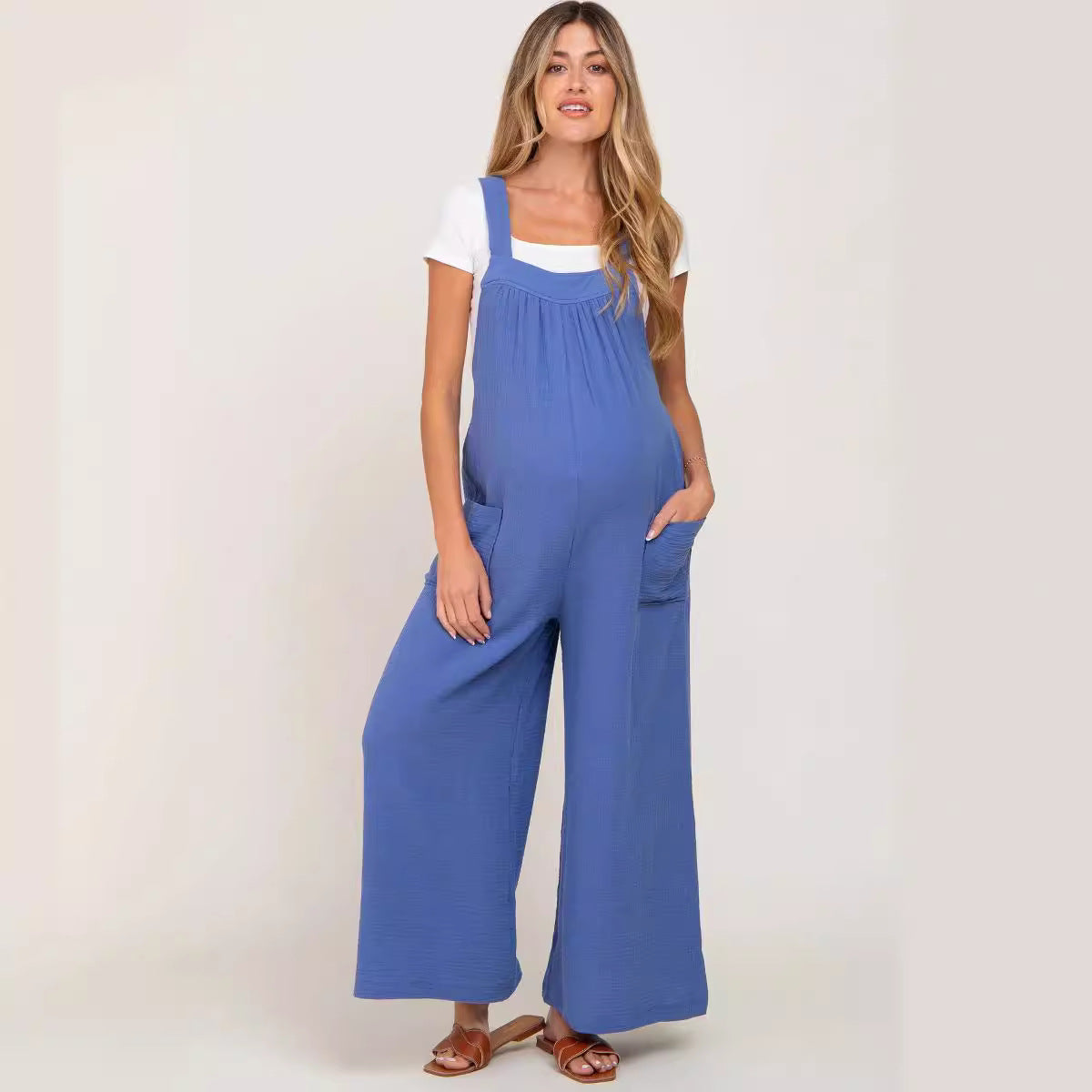 New Beige Wide Leg Lace-up Maternity Overalls