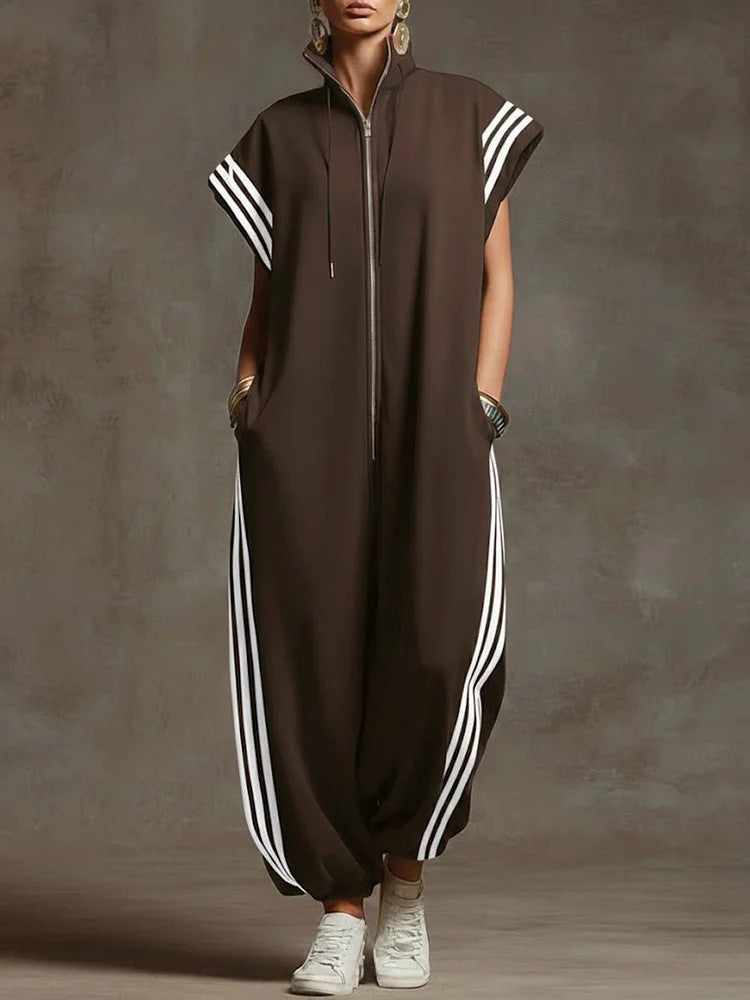 Striped Contrast-Color Jumpsuit With A Zippered Stand Collar