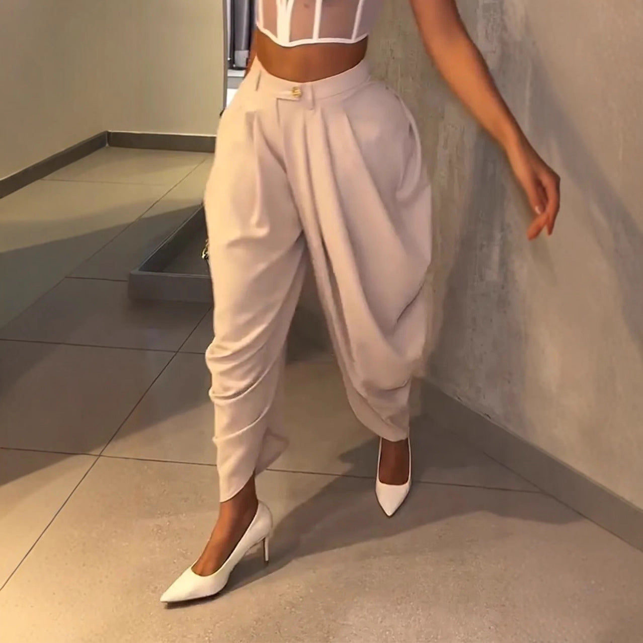 High Waist Loose Drooping Pleated Irregular Tapered Casual Pants Trousers