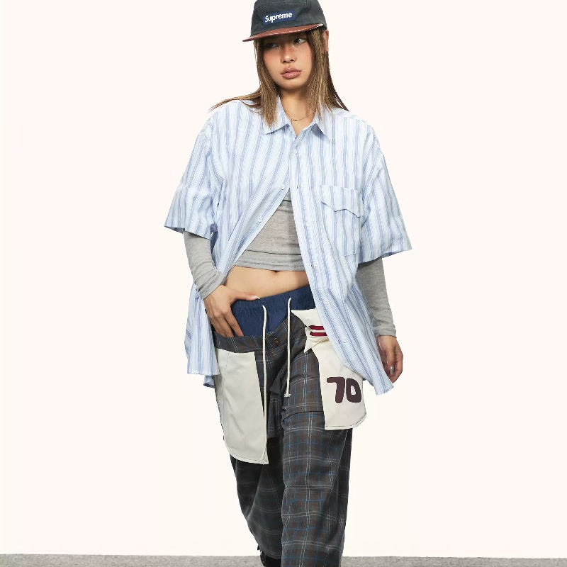 Blue Striped Short-sleeved Shirt Women's Loose Casual