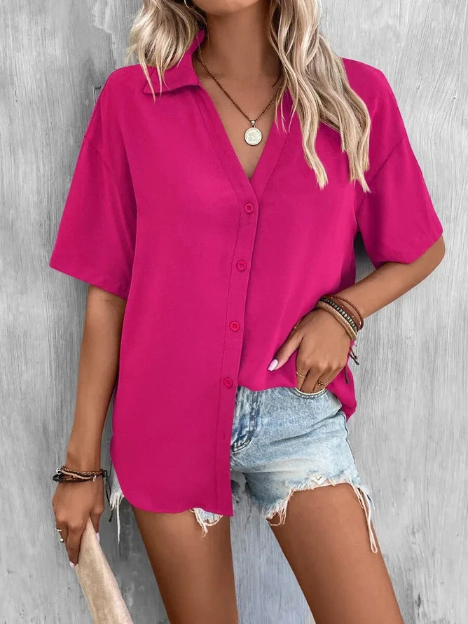 Temperament Pure Color V-neck Shirt Women's Top Short Sleeve