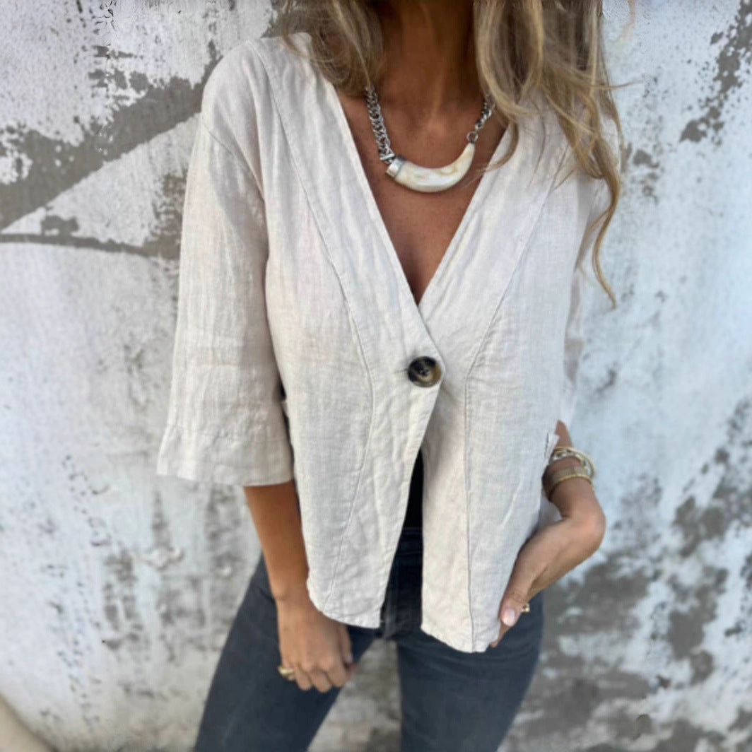 Casual Women's V-neck Cotton And Linen Solid Color ShirtT-shirt