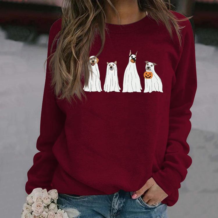 Halloween Ghost Puppy Printed Round Neck Long Sleeve Sweater