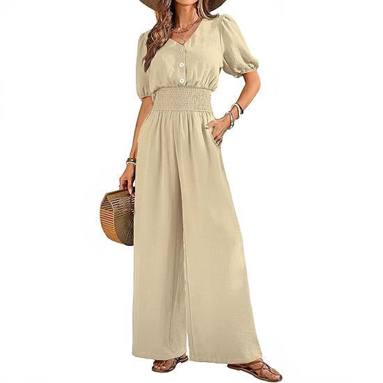 Neck-gathered Bodysuit With Casual Wide-leg Pants