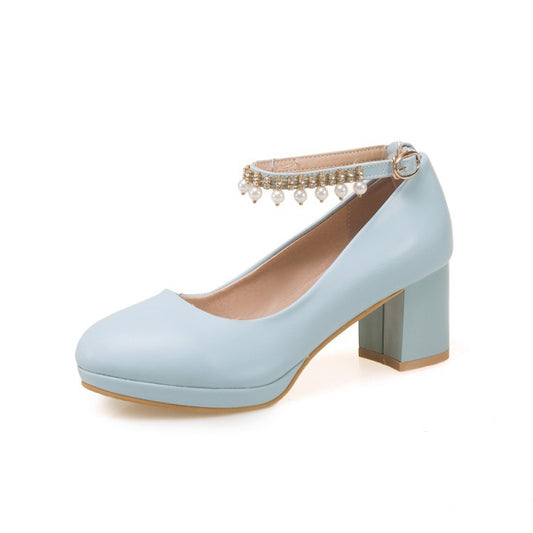 Fashion New Sweet Pearl Buckle Chunky Heel Women's Shoes