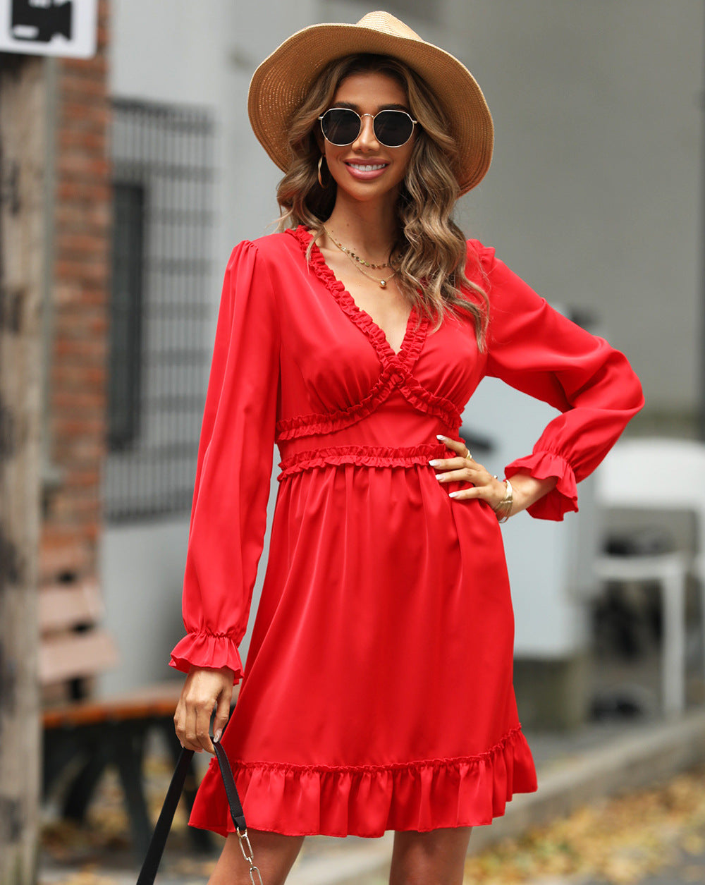 V-neck High-waisted Womens Outfit Elegant Long-sleeve A-line Dress