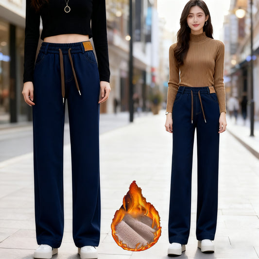 Nye fleeceforede højtaljede lige ben denim wide-leg bukser