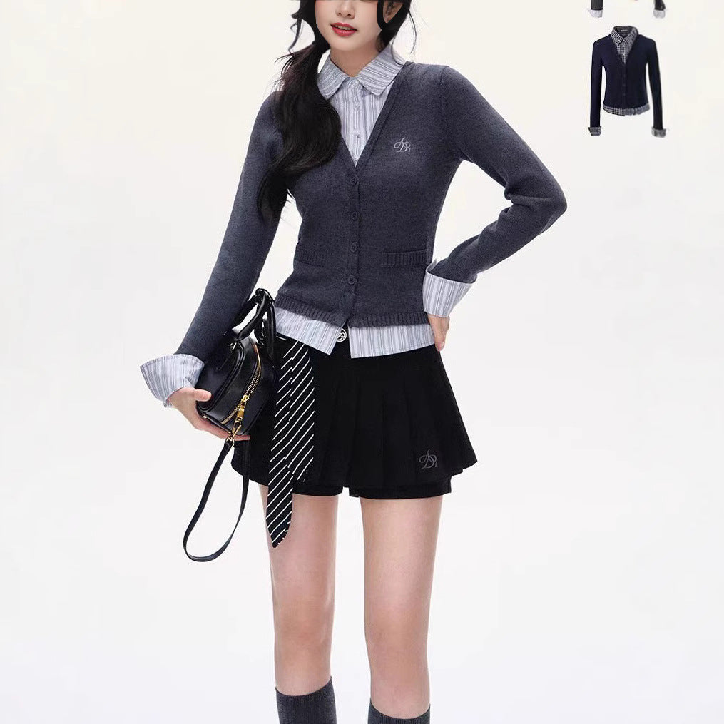 V-neck Fake Two-piece Knitted Cardigan For Women