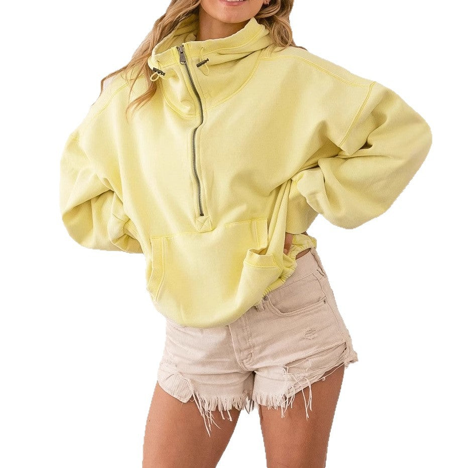 Hættetrøje med lynlås Sportshættetrøje Ensfarvet Pullover Top