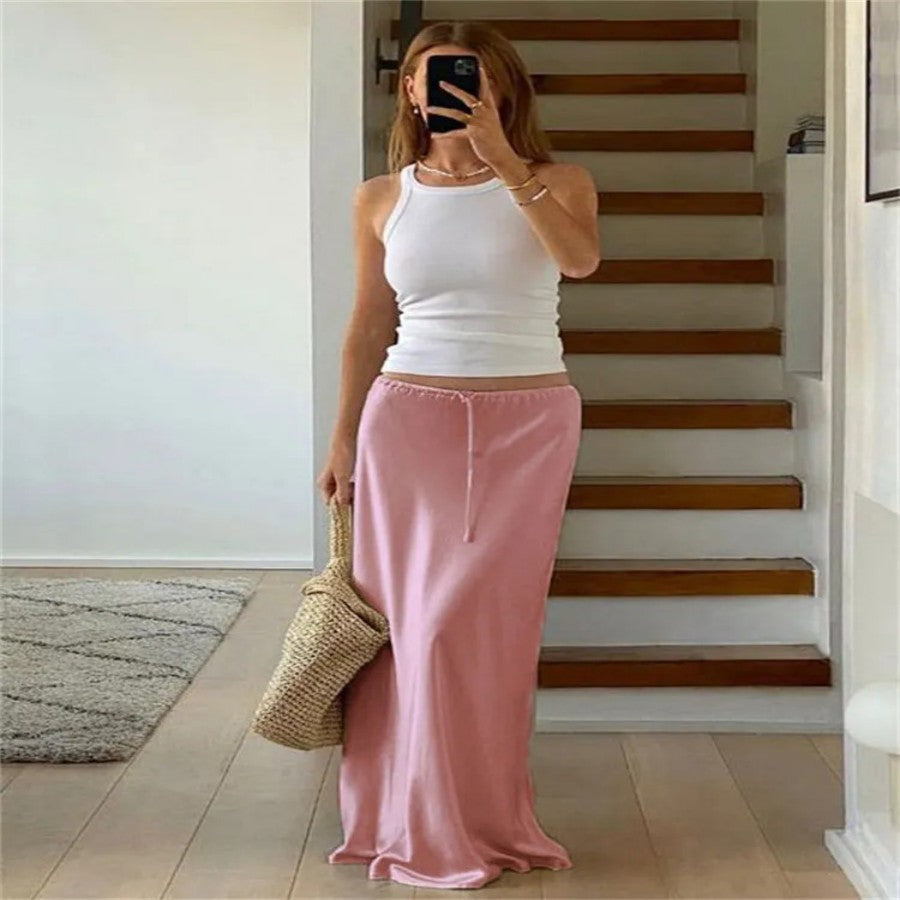 Solid Color High Waist Loose Lace-up Slim Skirt