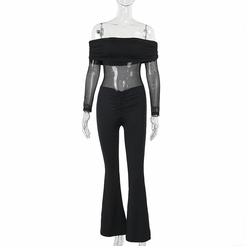 Women's Mesh-Panel Off-the-Shoulder Long-Sleeve Jumpsuit