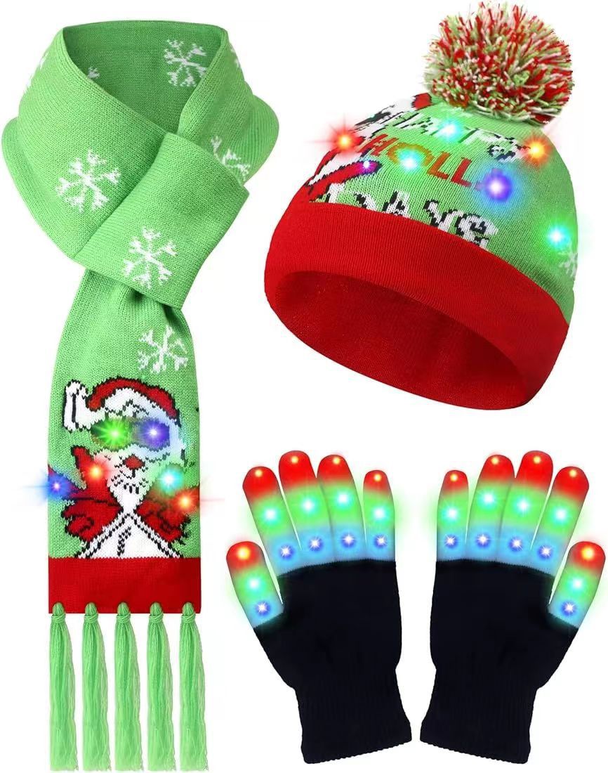 LED Christmas Knitted Hat Scarf Gloves Three-piece Set