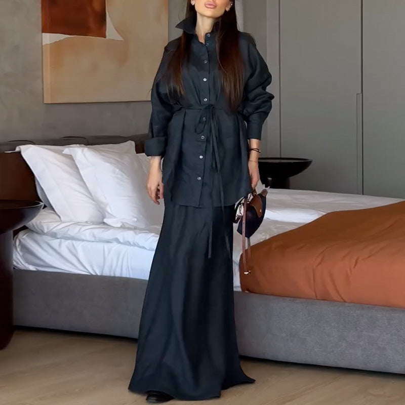 Fashionable Lapel Collar Loose-Fit Long-Sleeve Shirt And High-Waist Skirt Set