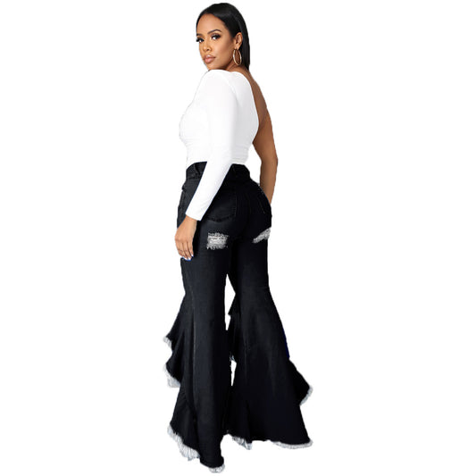 Fashion Stitching Ripped Washed Denim Stretch Slim Bell-bottom Pants