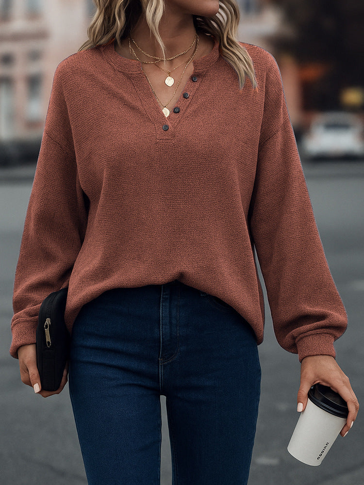 Women's Casual Loose-Fit Fashion Solid-Color Long-Sleeve V-Neck Pullover Top