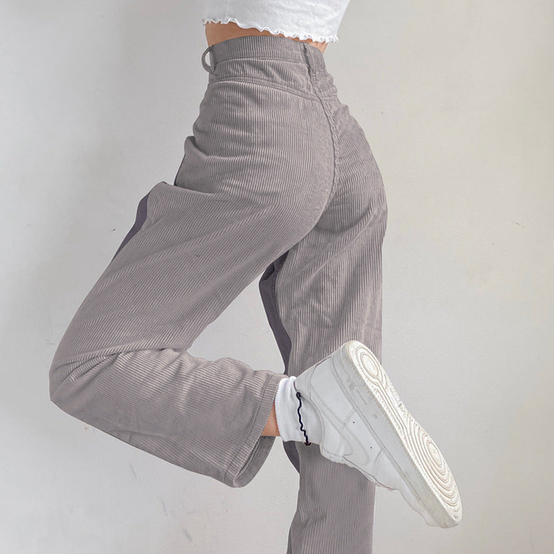 Corduroy Stitching Contrast Waist Straight-leg Pants