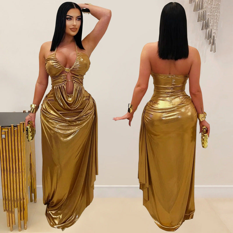 Chic And Elegant Pleated Off-shoulder Dress With A Gold Chain Neck Strap