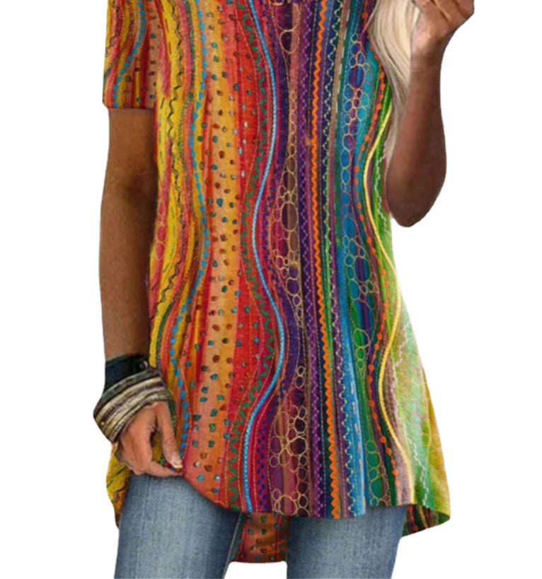 Round Neck Ethnic Vintage Women's Print Short Sleeve T-Shirt