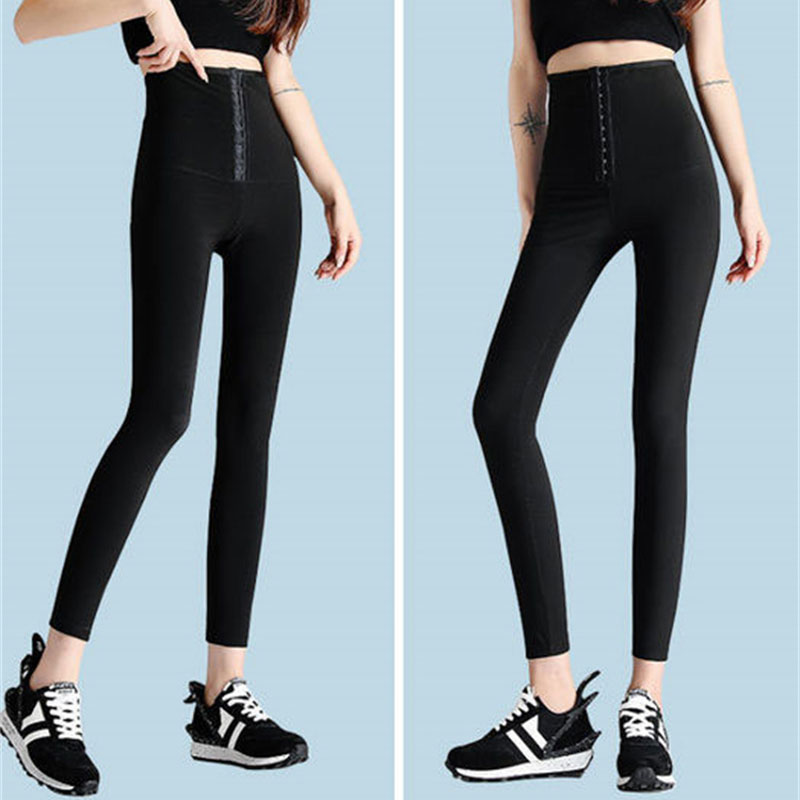 Sorte leggings med knapper i taljen til kvinder, udendørs brug, elastisk talje, stram pasform