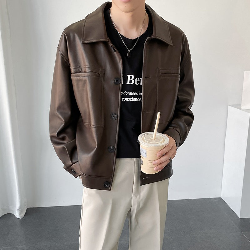 Efterår Retro Revers Kort Pu Læder Casual Jakke Mænds Koreansk-stil Niche Net Rød Løs Læderfrakke Flæse Flot Stilfuld