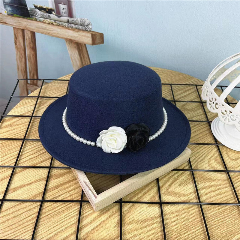 Vintage Hattedame Perlekæde Blomster Uld Flad Hat