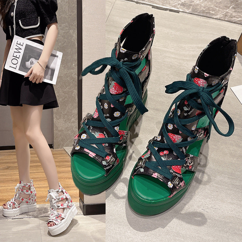 Platform Wedge Fish Mouth Print Sandals