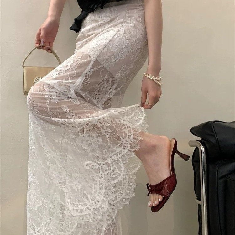 French Style Lace Bow Kitten Heel Mules For Women