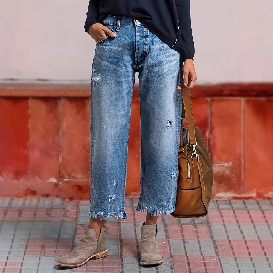 Women's Ripped Straight Stretch-free Jeans