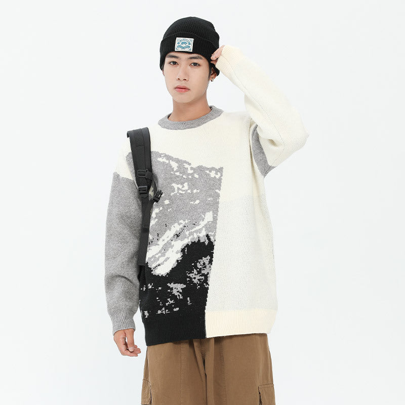 Men's Landscape Painting Color Matching Color Contrast Round Neck Sweater