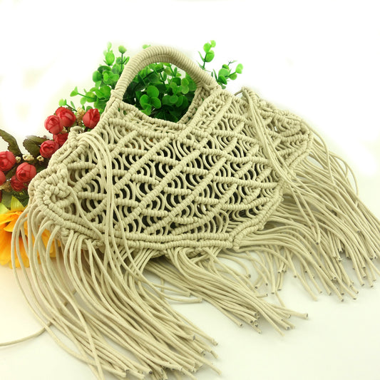 Wax Rope Hand-woven Bag With Tassels For Ladies Portable