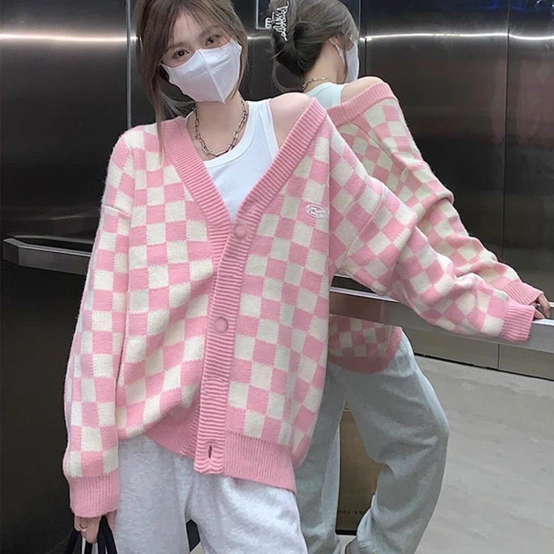 Checkered V-neck Cardigan Sweater Loose Casual Jacket
