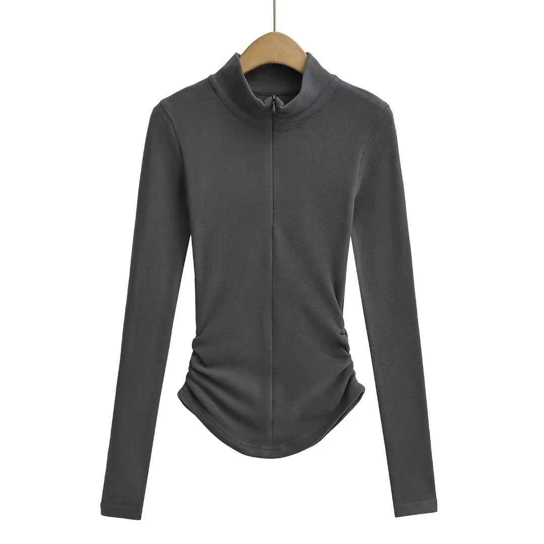 High Collar Half Zipper Stretch Slim-fit Thin Velvet Long Sleeve