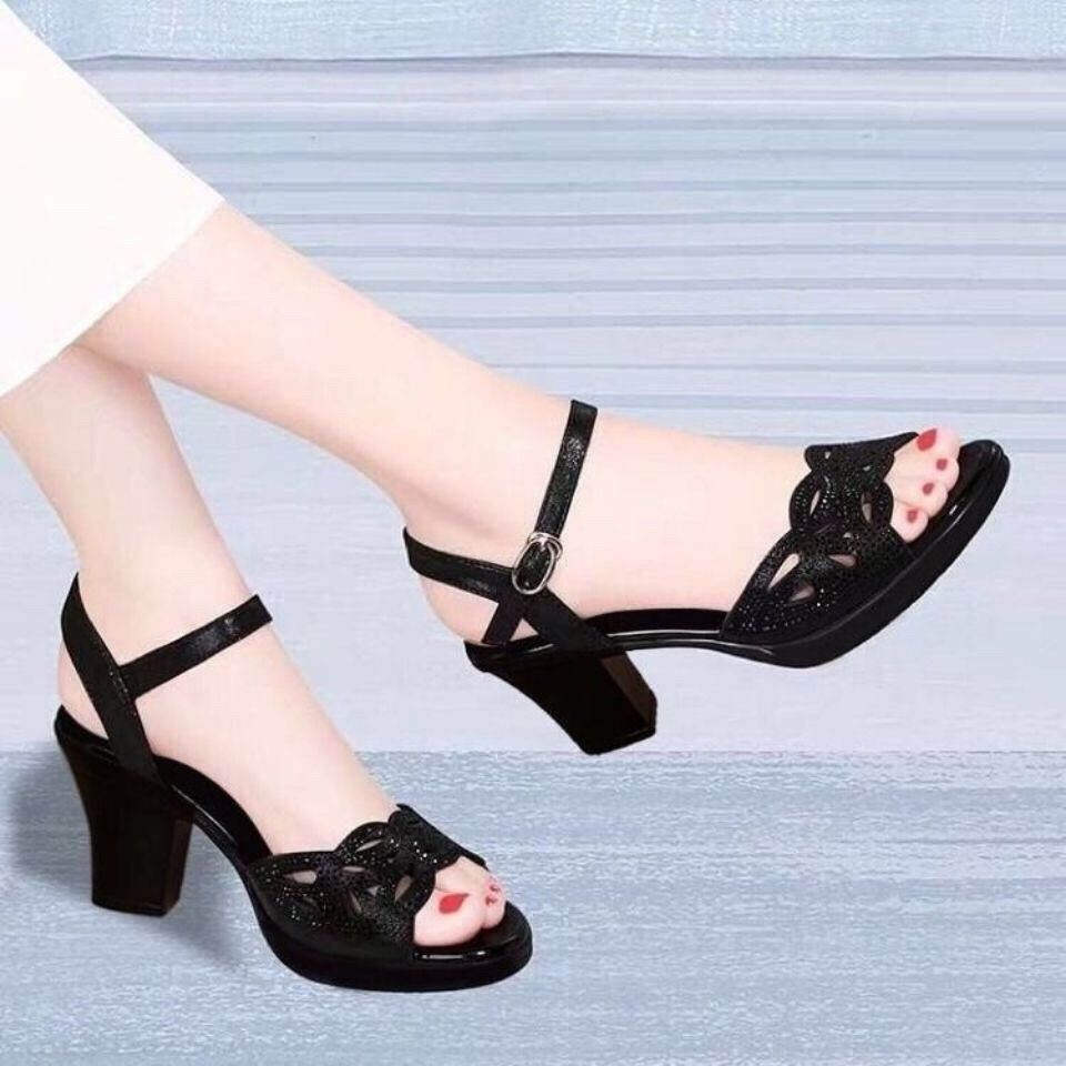 Middle Heel Fish Mouth Soft Sole Mother Shoes Diamond High